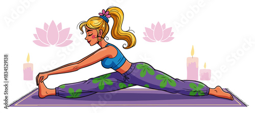 Woman Practicing Yoga and Stretching on a Mat. Healthy Lifestyle and Meditation Cartoon Vector Illustration.