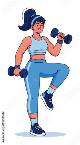 Fit Woman Training with Dumbbells – Female Fitness Workout Cartoon Vector