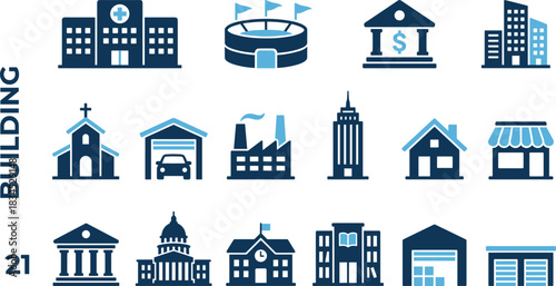 City and Town Infrastructure Icons Set: Hospital, Stadium, Bank, Skyscrapers, Church, Garage, Factory, Capitol, School, Library, Warehouse, and Retail Storefront Vector Collection for Urban Planning, 