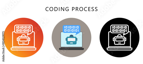 Coding Process Icon Button, Black, Gradient, Rounded Mini Illustration Relate To Industry 4-0. Use For Modern Concept, Ui, Ux Web And App Development.