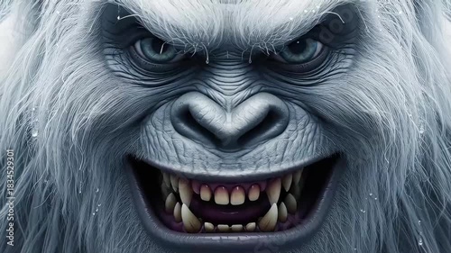 Yeti snarling close-up baring fangs blue eyes