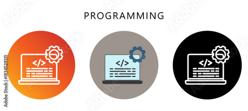 Programming Icon Button, Black, Gradient, Rounded Mini Illustration Relate To Industry 4-0. Use For Modern Concept, Ui, Ux Web And App Development.