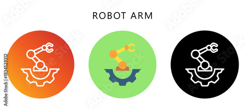 Robot Arm Icon Button, Black, Gradient, Rounded Mini Illustration Relate To Industry 4-0. Use For Modern Concept, Ui, Ux Web And App Development.