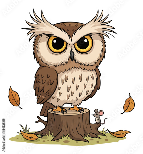 Cartoon Owl and Mouse on a Tree Stump in Autumn. Forest Animals Vector Illustration.