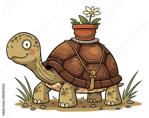 Cute cartoon turtle carrying a flower pot on its shell. Adorable tortoise character vector illustration.