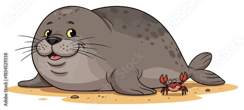 Cute Cartoon Seal and Crab Friends on the Beach. Adorable Sea Animals Vector Illustration.