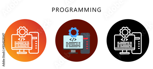 Programming Icon Button, Black, Gradient, Rounded Mini Illustration Relate To Industry 4-0. Use For Modern Concept, Ui, Ux Web And App Development.