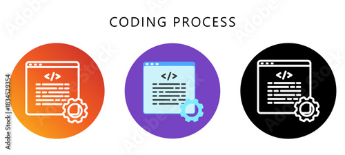 Coding Process Icon Button, Black, Gradient, Rounded Mini Illustration Relate To Industry 4-0. Use For Modern Concept, Ui, Ux Web And App Development.