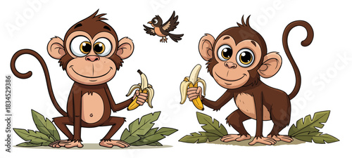 Cute Monkey Pair with Bananas and Little Bird Jungle Cartoon Vector
