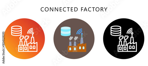 Connected Factory Icon Button, Black, Gradient, Rounded Mini Illustration Relate To Industry 4-0. Use For Modern Concept, Ui, Ux Web And App Development.