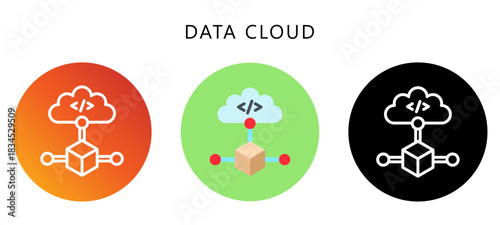 Data Cloud Icon Button, Black, Gradient, Rounded Mini Illustration Relate To Industry 4-0. Use For Modern Concept, Ui, Ux Web And App Development.