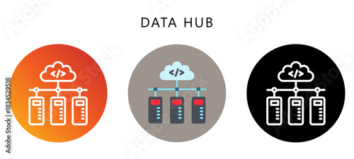 Data Hub Icon Button, Black, Gradient, Rounded Mini Illustration Relate To Industry 4-0. Use For Modern Concept, Ui, Ux Web And App Development.