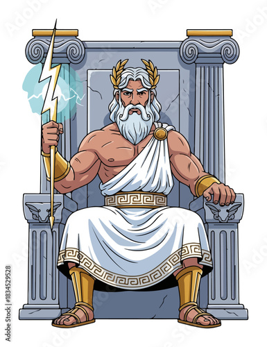 Zeus Greek God on the Throne Cartoon Vector Illustration. King of Olympus with a Lightning Bolt.