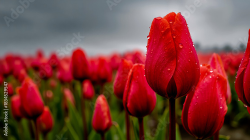 Fototapeta Naklejka Na Ścianę i Meble -  Tulips flowers red nature garden bloom spring vibrant droplets water raindrops green field blossoms gardening floral colorful