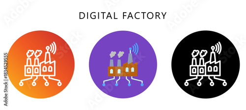 Digital Factory Icon Button, Black, Gradient, Rounded Mini Illustration Relate To Industry 4-0. Use For Modern Concept, Ui, Ux Web And App Development.