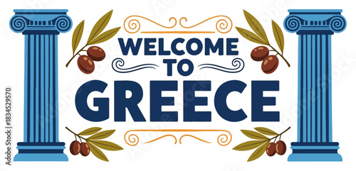 Welcome to Greece Sign with Classical Columns and Olives – Travel Souvenir Vector