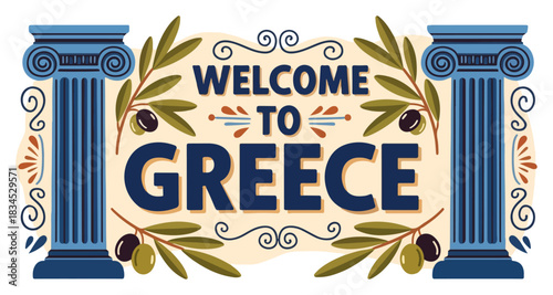 Welcome to Greece Banner with Ionic Columns and Olive Branches – Travel Tourism Vector