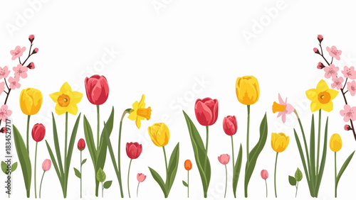 December 4, 2025 image: Colorful floral border featuring tulips, daffodils, and cherry blossom branches, December 4, 2025 image. Spring border has vibrant flowers against white, floral landscape.