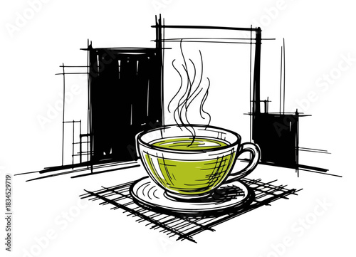 Sketch of a hot cup of green tea. Hand-drawn vector illustration of a healthy drink.
