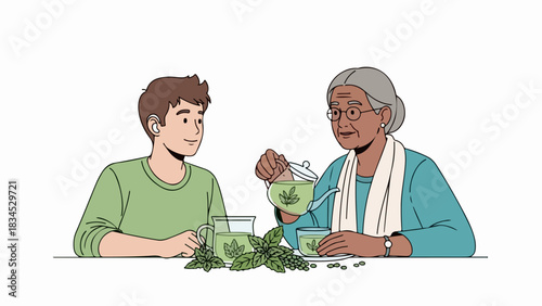 December 4th, 2025 image: Grandmother pours green tea for her grandson, depicting "December 4th, 2025 image" in its wholesome intergenerational scene. Grandmother serving tea showcases "December 4th,