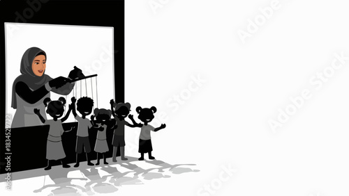 December 4, 2025 image: 002 shows a puppeteer controlling silhouettes of children on stage in 2025-12-04_image_002. December 4,