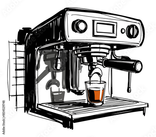 Sketch of a professional espresso machine. Hand-drawn vector illustration for a coffee shop or cafe menu.
