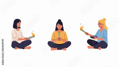December 4, 2025 image, showing three women seated in meditative poses holding burning incense sticks, captures tranquil ritual moment. December 4,