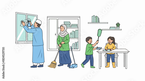 Cleaning together in family, illustrating 2025-12-04_image_003 (8), where father cleans windows, mother sweeps floor, and children dust furniture.