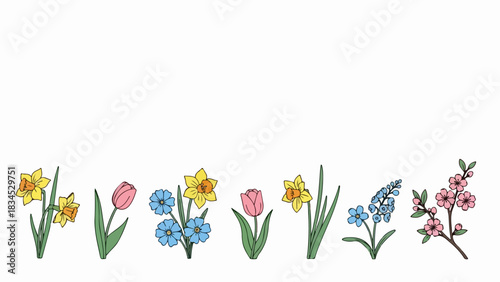 December 4, 2025 image of colorful flowers, including daffodils, tulips, and forget me nots, on white backdrop. December 4, 2025 image shows beautiful spring blooms for celebration and decoration.