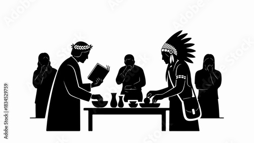 December 4, 2025 image shows a meeting between cultures represented by priest and native american, in black and white. December 4, 2025 image details respect, rituals, and understanding,