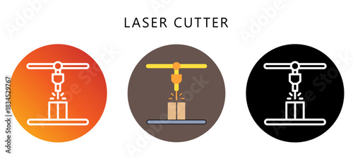 Laser Cutter Icon Button, Black, Gradient, Rounded Mini Illustration Relate To Industry 4-0. Use For Modern Concept, Ui, Ux Web And App Development.