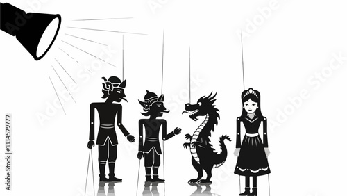 Shadow play figures cast in light showcase a rich cultural show with traditional puppets. Shadow play performance art is an ancient form of storytelling using puppets to create shadows.