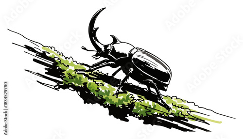 Hand Drawn Rhinoceros Beetle Vector Illustration. Japanese Horned Beetle Sketch on a Mossy Branch.