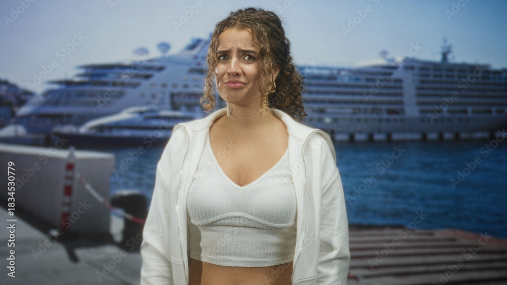 Fototapeta premium Woman with curly hair and visible bellybutton shows worried face and slightly hunched posture in studio with cruise ship backdrop; concern.