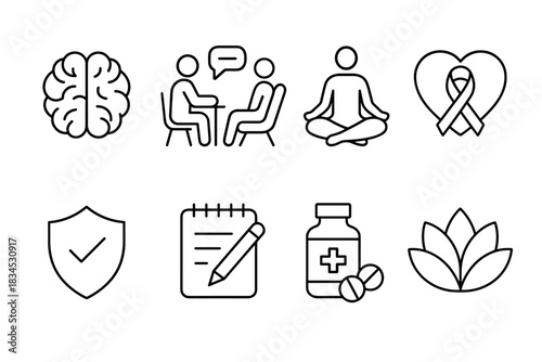 Mental health and wellness icon set for therapy, meditation, and health awareness designs