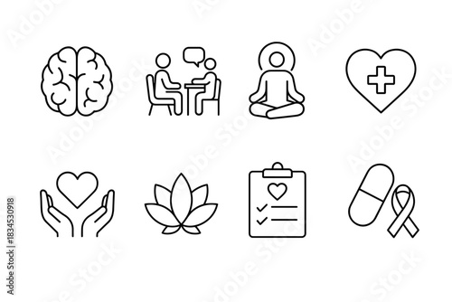 Mental health and wellness icon set. healthcare and meditation illustrations for wellness designs.