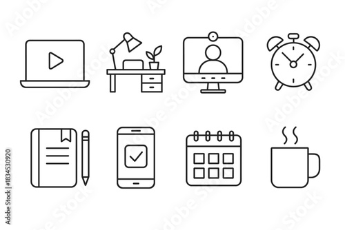 Home office and remote work icon set. professional workspace and productivity tools icons for digital use.