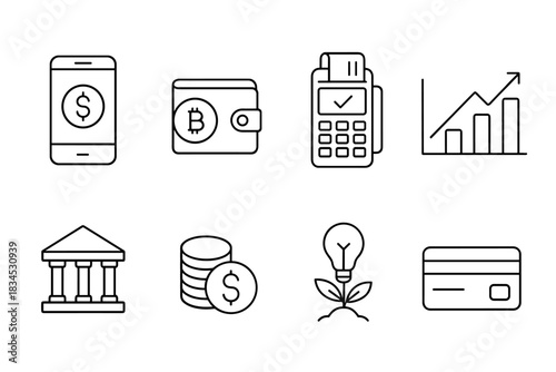 Financial technology icon set for business and cryptocurrency applications