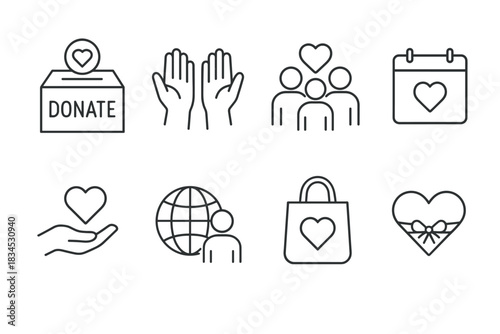 Charity and donation icons for fundraising and volunteer activities design