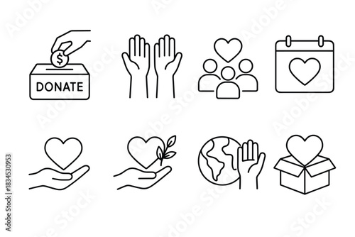 Charity and volunteering icons: donation, heart, earth, and community love symbols for design and print