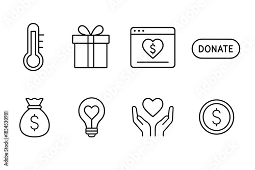 Charity and donation icon set. heart and gift symbols for fundraising design. financial support and philanthropy elements.