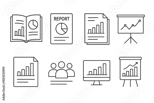 Business analytics icon set. modern data visualization icons for reports and presentations. ideal for business strategy and analysis.