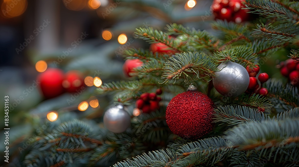 Fototapeta premium Close-up of evergreen branches adorned with vibrant red and silver ornaments, surrounded by soft glowing lights, creating a festive holiday atmosphere with seasonal charm
