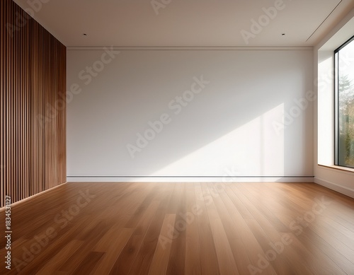 empty white wall with walnut hardwood floor minimal modern interior design clean and natural look warm earthy tones sleek and elegant space smooth surface serene backdrop architectural calm