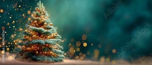 Enchanting Christmas Tree Scene with Glowing Lights and Bokeh Effects, Ideal for a Festive Holiday Greeting Card with Copy Space