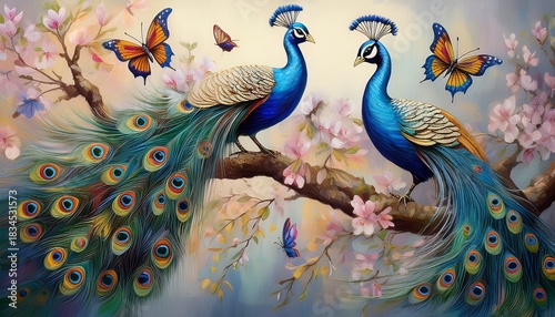 3d wallpaper oil painting tree branch with flowers oil painting two peacock with small and large butterflys