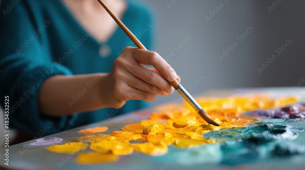 Fototapeta premium Close-Up of Artist's Hand Using Brush to Create Colorful Abstract Painting on Canvas with Vivid Acrylics, Soft Natural Light in Art Studio
