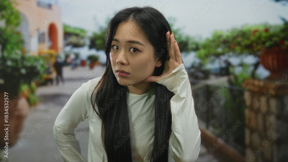 Fototapeta premium Woman listening on street outdoors with curious expression in urban area lined with greenery capturing candid moment of young chinese female.