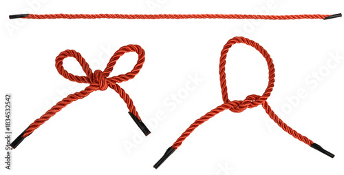 Three red braided cords with black tips, one straight tied in a bow and one tied in a simple knot