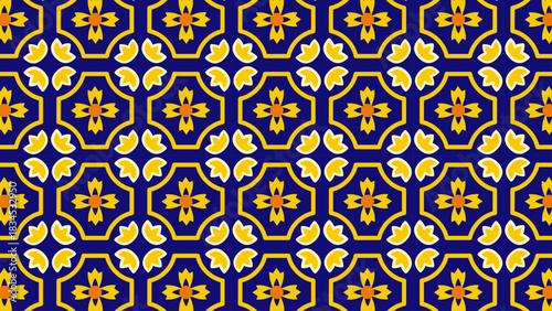 Colourful ceramic tile seamless pattern — folk geometry and floral details in bright palette for digital print, posters, or interior graphics.